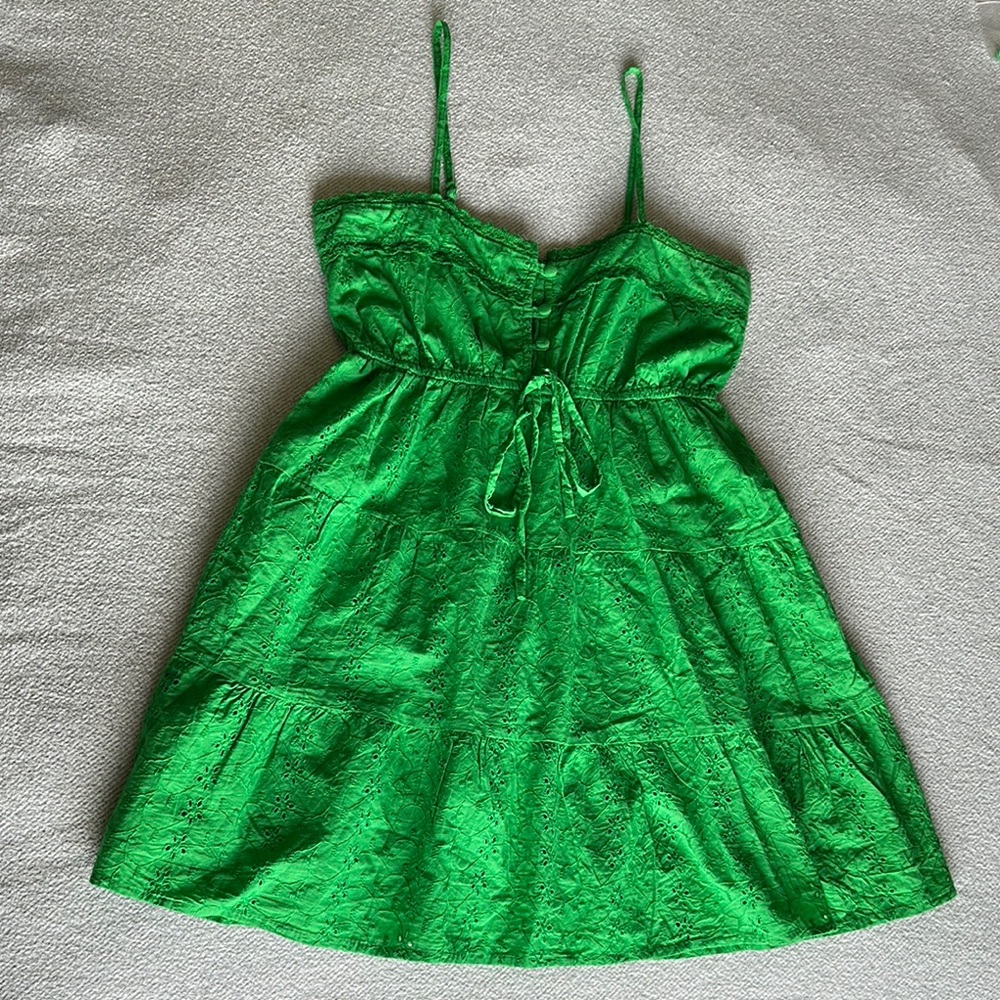 Green Tiered Mini Dress with Eyelet Embroidered Pattern